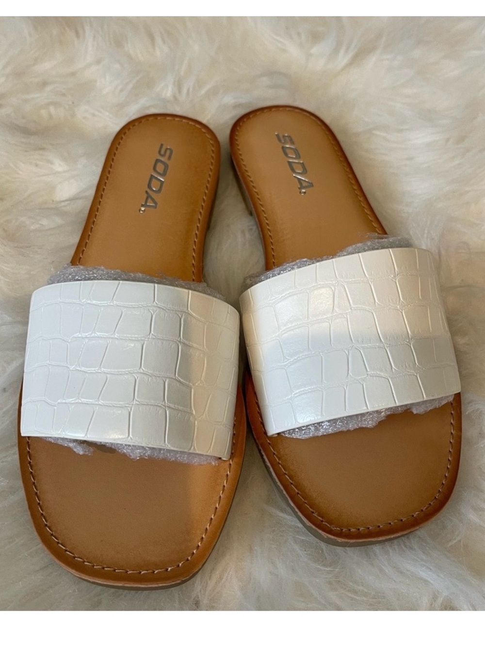Soda White Croc-Embossed Slide Sandals with Tan Footbed